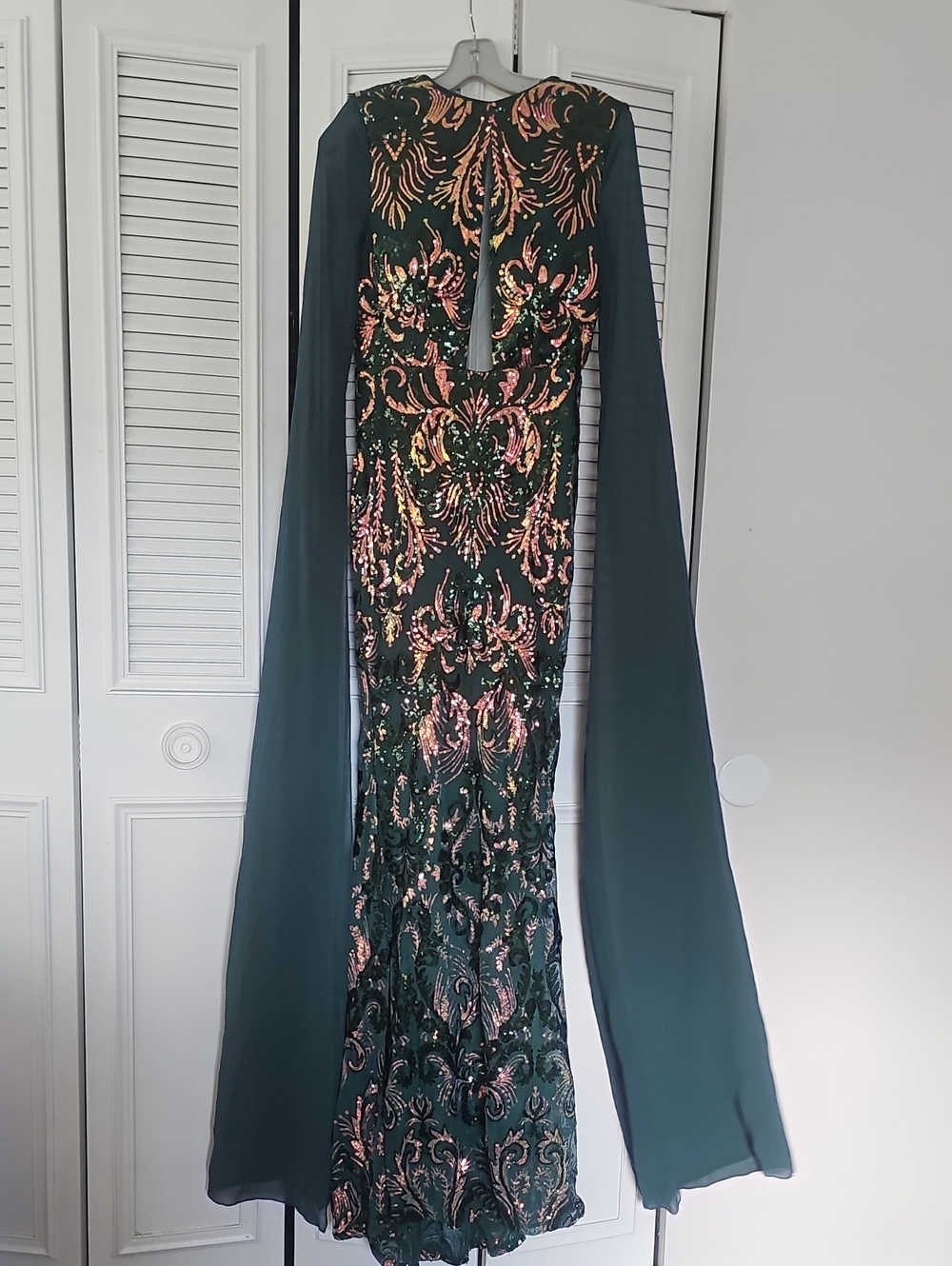 Green Sequin Embellished Long Sleeve Evening Gown